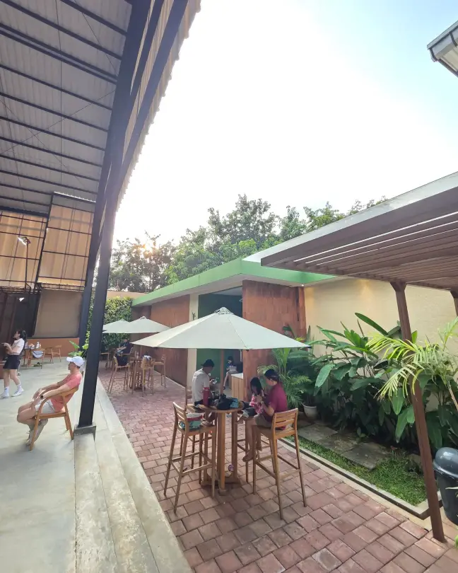 Garden terrace with umbrellas